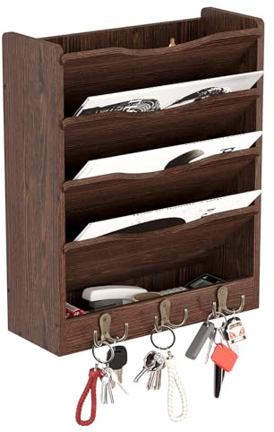 Senhoglb Zeitungshalter Wand, Hängeregister Stehsammler Holz mit 6 Haken, 5-stufiger zeitungsständer wand Prospekthalter A4 für das Home Office, Briefablage Braun