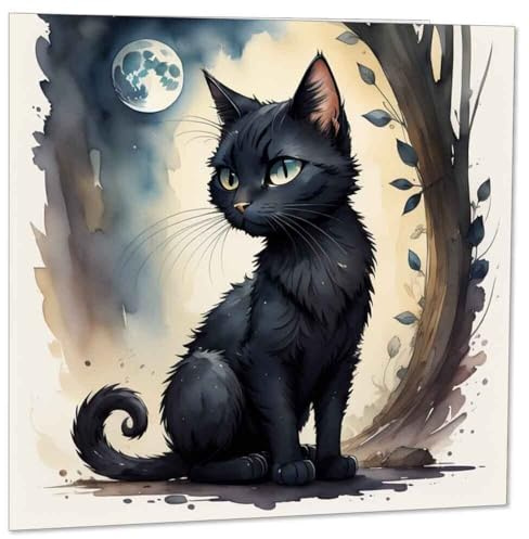 Purple Fox Schwarze Katze Grußkarte Mond Aquarell Katzen Geburtstagskarte 145 x 145 mm