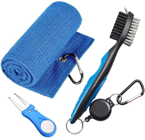 Berfea Accesorios de golf, limpiador de palos de golf, kit de limpieza 3 en 1, cepillo limpiador de palos de golf con limpiador de ranuras, toalla de golf, herramienta de reparación de divot de golf