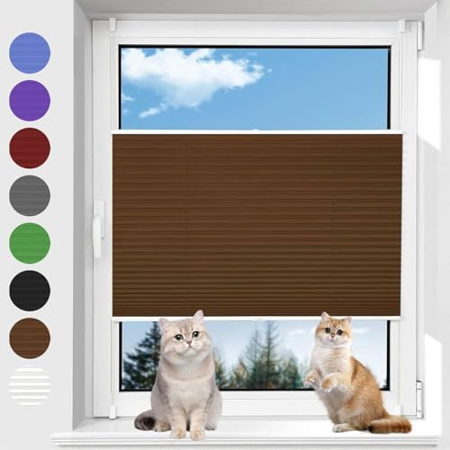 Plissee Rollos für Fenster Ohne Bohren 35 x 90 cm Verdunkelnd & lichtundurchlässig Plissee Rollo Ohne Bohren inkl. Befestigungsmaterial für Fenster und Tür, Braun