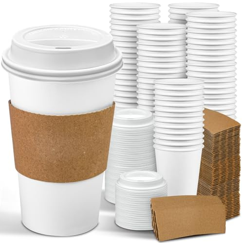Ginkgo 100 Pack 16 oz Disposable Coffee Cups with Lids and Sleeves Leak-Proof White Paper Cups, Insulated To Go Hot Beverage Cups, Coffee Bar Accessories