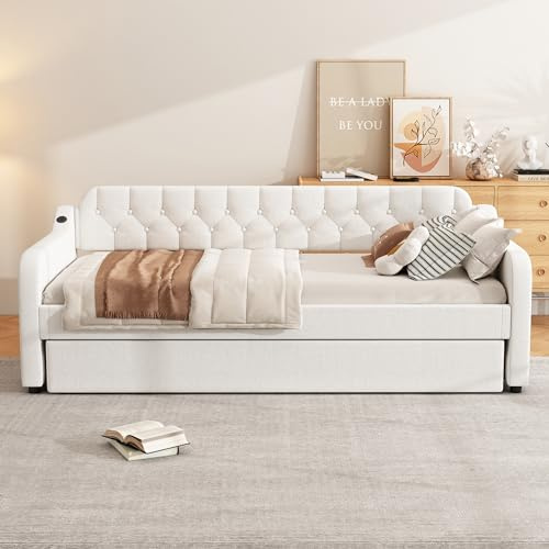 Idemon Schlafsofa 90×200 cm mit Rollbett & USB (beige, ohne Matratze)，Tagesbett mit ausziehbarer Liegefläche – Modernes 2-in-1 Design mit praktischem USB-Anschluss