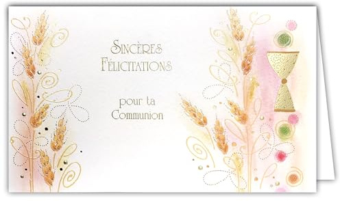 AFIE 19-626 - Tarjeta de sinceras felicitaciones para tu comunión dorada, con sobre blanco, formato de 19,5 x 12 cm, para niña comunicada cristiana mazorcas de trigo Pan Ostia Copa Cáliz Vino