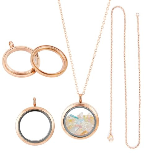 DELORIGIN 4pcs Foto Medaillon Charms Halskette Kettenanhänger Runde Edelstahl Medaillon Anhänger Rahmen Memory Medaillon Charm mit 45cm Kette für Hochzeit Schmuck Making Foto