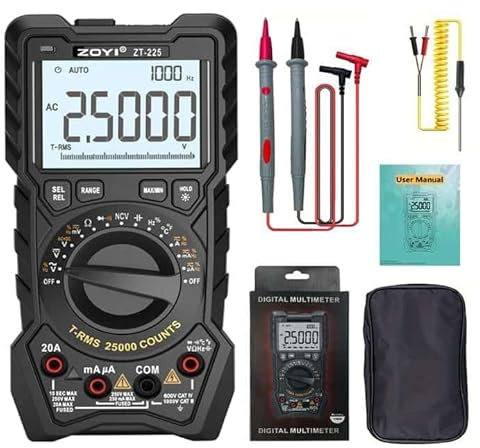 ZOYI ZT‑225 Digital Multimeter Tester 20A, 25000-Count, Auto/Manual True RMS Auto Ranging Voltmeter Electrical Tester, NCV, Temp, V.C.F, Square Wave, AC+DC Merge Voltage, CAT IV