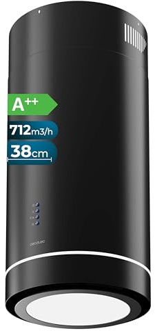 Cecotec Cappa Aspirante a Isola 38 cm - Cappa Cucina. Bolero Flux IRE 388000 Black A++ 210W, Cappa 38cm Acciaio inox nero, Flusso d'Aria 800m3/h, A++, Touch, LED, Carbonio Ø176, alluminio 5 strati