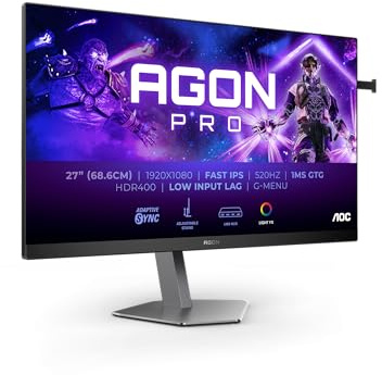 AOC Agon PRO AG276FK Monitor gaming FHD da 27 pollici, 520 Hz, 1 ms GtG, Adaptive Sync., G-Sync comp., HDR400 2x HDMI, 1x DisplayPort 1.4, USB Hub nero/grigio, IPS, Gsync/FreeSync