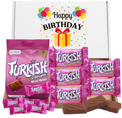 Turkish Delight Gift Box - Turkish Delight Chocolate Bars & Mini Bars | Happy birthday themed letterbox gift with full-size and mini Turkish delight chocolate bars in a ready-to-gift birthday box