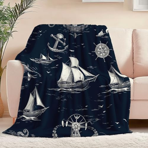 Decke Weich Flanell Plüsch Fleece Wohndecke Einfaches Handbemaltes Boot Kompass Muster Überwurf, Leichte Gemütliche Plüschdecke Dunkelblau für Schlafzimmer Wohnzimmer Sofa Decke 180 x 220 cm