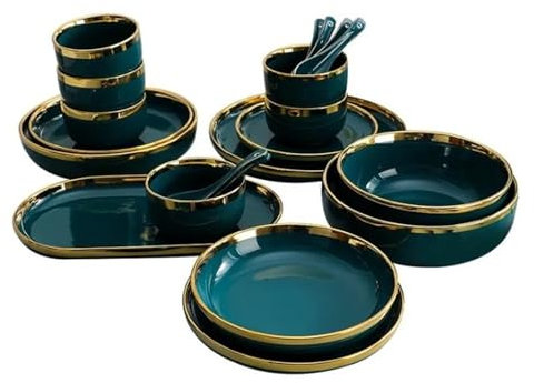WJLYDM Geschirrset Grüne Keramikplatte Steak Lebensmittel Teller Schalen Abendessen Teller Porzellan Geschirr Set for Familie Hotel FüR Das Abendessen(Spoon 1pcs)