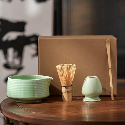 LFPZZL Matcha Set, Matcha Besen Set 4 Stück, Matcha Schalen mit Ausguss, Matcha-Löffel, Matchabesen, Matchabesenhalter, Ideal für Anfänger, Grün