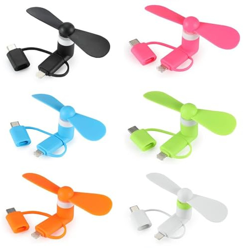 JORMEY Mini ventilatore per cellulare, ventilatore universale 3 in 1 per iPhone, Android, dispositivi di tipo C, accessori estivi per telefoni cellulari, ventole colorate e potenti (confezione da 6)