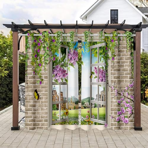 Hiseng Outdoor Vorhang Wasserdicht, Wetterfest Outdoor Pergola Vorhang Blickdicht 2 Stück Outdoorvorhänge Wetterfest Sichtschutz Sonnenschutz Balkon Pavillon, 3D-Landschaft (Fenster,200x213cm)