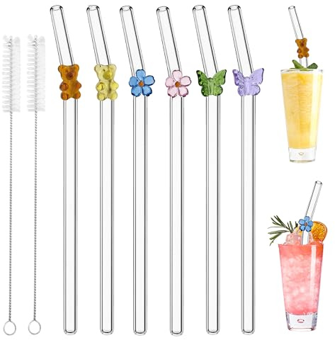 6 Stück Strohhalme Glas, Wiederverwendbar Glas Strohhalm, Trinkhalme glas Gebogen mit Reinigungsbürsten für Säfte, Cocktails, Smoothie, Kaffee, Milch（kleiner Bär、Blume、Schmetterling)