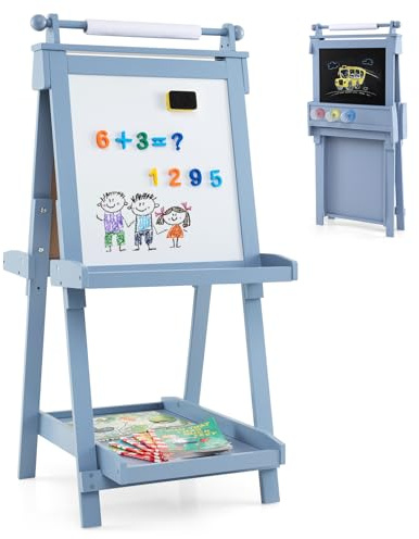 Maxmass Wooden Kids Art Easel, Double-Sided Height Adjustable Children Painting Blackboard Magnetic Whiteboard with Paper Roll, 3 Paint Cups, Foldable Toddler Drawing Board for 3+ Years Old (Blue)