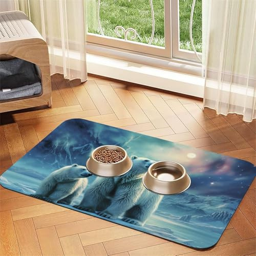 Polar Bears Northern Lights Hundefuttermatten für Böden, 30,5 x 45,7 cm, rutschfeste, super saugfähige Haustierfuttermatte, Geschirrspüler-Hundematte für Futter und Wasser, niedlich, Gummi, schnell