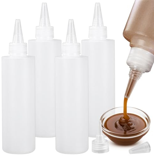 4 Pack Condiment Squeeze Bottles, Plastic Bottles with Squeeze Top for Sauces Dispenser, BBQ Ketchup, Mustard, Syrup, Dressing, Oil (30ML)