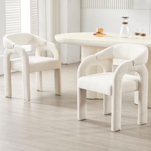 Ya-Home Esszimmerstühle 2er Set, gepolsterter Küchenstühle mit Curved Back Nordic Armlehnstuhl aus Chenille Loungesessel für Esszimmer/Wohnzimmer/Küche, Weiß | Esszimmerstühle Nähen Stühle Samt gepolsterte Stühle