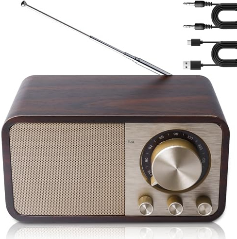 Radio retro con Bluetooth, radio nostálgico recargable con batería de 1500mAh, USB/tarjeta TF/AUX, altavoz de 5W con aspecto de madera vintage para cocina/dormitorio/oficina