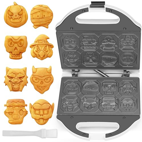 SugarWhisk Machine à Gaufres pour Halloween, 8 designs effrayants différents, Gaufrier électrique avec Visage de Loupe de Citrouille, Momie, Fantôme, Sorcière, Vampire & plus, Décoration de Cuisine po
