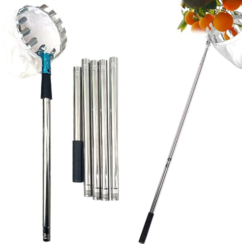 Hperu Herramienta recolector de Frutas, recolector de Frutas Desmontable de Acero Inoxidable de 10 pies - Cesta Ajustable con Bolsa de Almacenamiento para huertos -