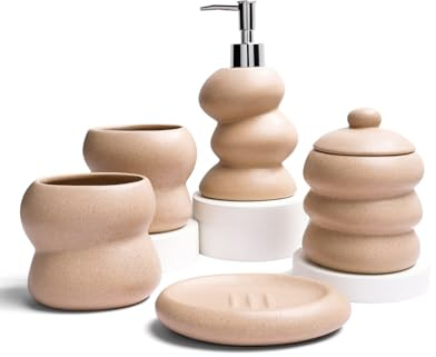 ANTIS'S HOME Keramik Badezimmer Set 5-teilig in Mattbeige mit Sprenkel-Design – Modernes Bad-Accessoires Set mit Seifenspender, Zahnputzbechern, Seifenschale & Wattestäbchenbehälter