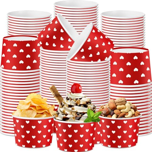 Bokon 100 Pcs Valentine's Day Paper 9 oz Ice Cream Cups Red Heart Disposable Dessert Bowls Snack Soup Cups for Valentines Birthday Party Decorations Party Supplies