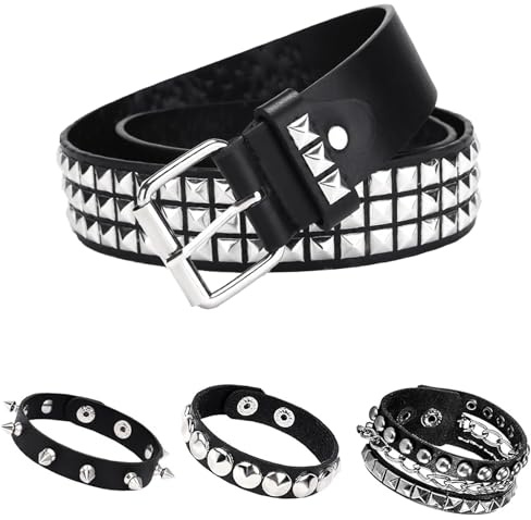 ASFWAGQ 4 Stück Nieten Set - Nietengürtel & Nietenarmband im Punk Rock Style, Y2K Gürtel für Damen & Herren | 80er Jahre Accessoires für Karneval, Halloween & Cosplay