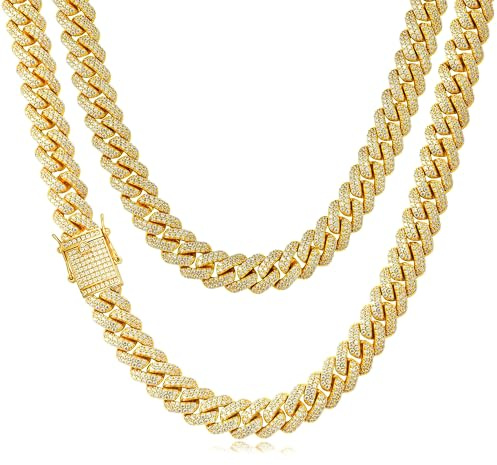 Esrael 14MM Silver/Gold Iced Out Bling Diamond Cuban Link Chain Necklace for Men Women,Sturdy Non-Fading Hip Hop Chain Neckalce Jewellry Gifts 20/22/24/26/28 Inch
