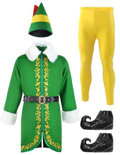 5-Teiliges Buddy Der Weihnachtself Herren Damen Buddy Elfen Kostüm Grün Weihnachten Elf Kostüm Elfenkostüm mit Schuhe, Hut, Gürtel Weihnachtskostüm Erwachsener für Weihnachten Cosplay Party