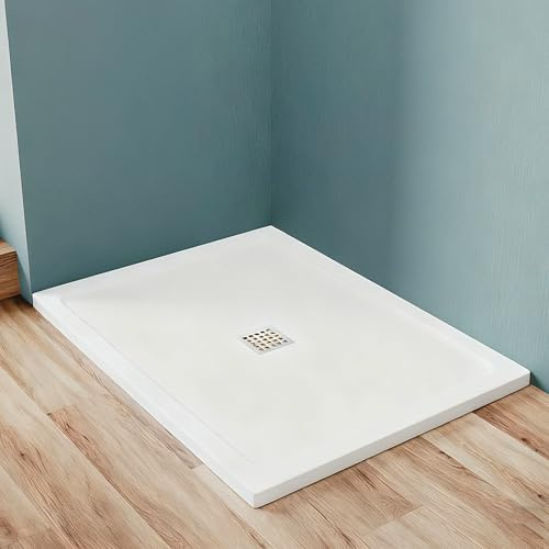SUNXURY Duschwanne 100x80cm, Rechteck form, Anti-Rutsch Flach SMC Duschtasse Weiß(Ohne Siphonrohr)