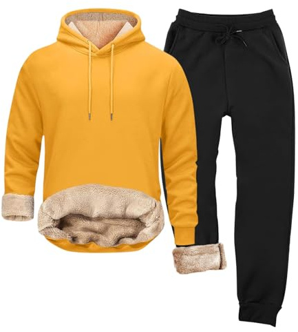 Klädhängare kostym med byxor herr vår och höst vinter plus sammet solid färg casual varm långärmad sweatshirt lös tjocka sportbyxor kalla beständiga varma manschetter sweatpants kostym karneval, GUL
