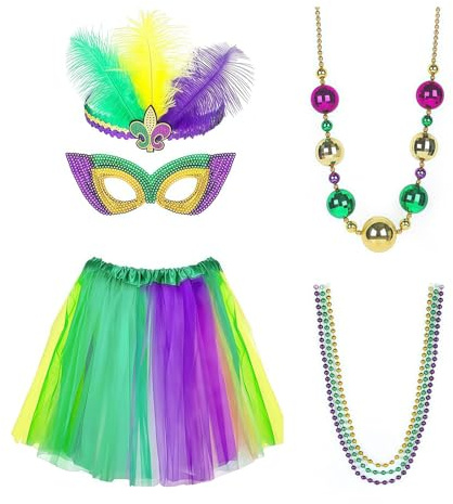 7-teiliges Karneval-Accessoires-Set für Damen – Tutu-Rock, Federboa, Perlenkette, Maske & Stirnband als Mardi-Gras-Outfit-Ergänzung für Fasching und Party