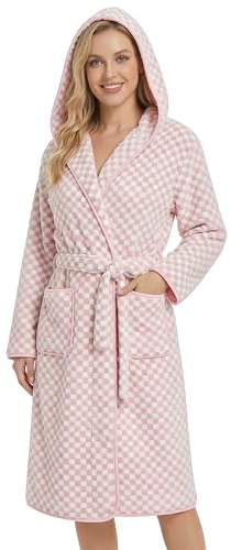 PJGGZ Checkered Hooded Bathrobe for Women, Coral Fleece Quick Dry Soft Absorbent Plush Y2K Robe(S/M, Pink Plaid)