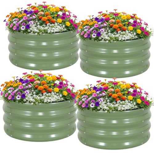 WILLOW WEAVE Lot de 4 parterres de jardin ronds surélevés en métal galvanisé pour fleurs, légumes, herbes, vert olive - 0,6 x 0,6 x 0,3 m