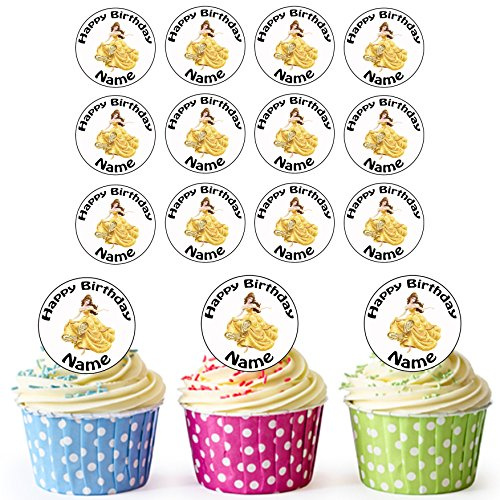 AK Giftshop Belle Beauty And The Beast Princess - 24 Personalised Edible Cupcake Toppers/Birthday Cake Decorations - Easy Precut Circles