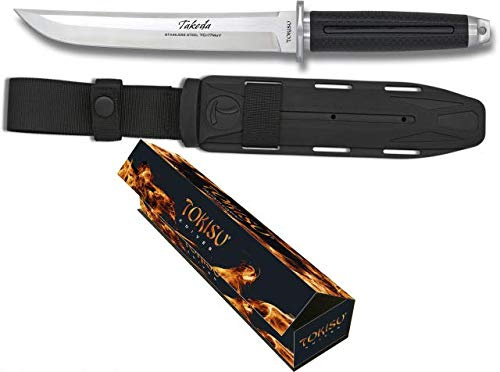 Tokisu Cuchillo japonés K25 Takeda Hoja 19,4 cm terminada por CNC, empuñadura de Goma Virola CNC para Caza, Camping, Outdoor, Supervivencia 32389 + Portabotellas de regalo