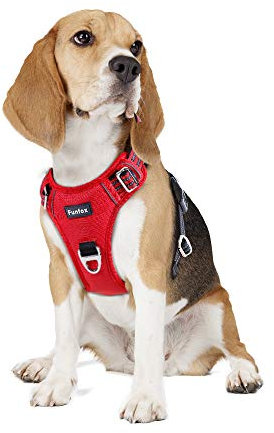 Funfox Dog Harness Medium No Pull, Adjustable 2 Clips Anti-Pull Vest with Practical Handle, Breathable Padded Pet Harness Designed for Small/Large Breeds, Reflective Training Walking Red M