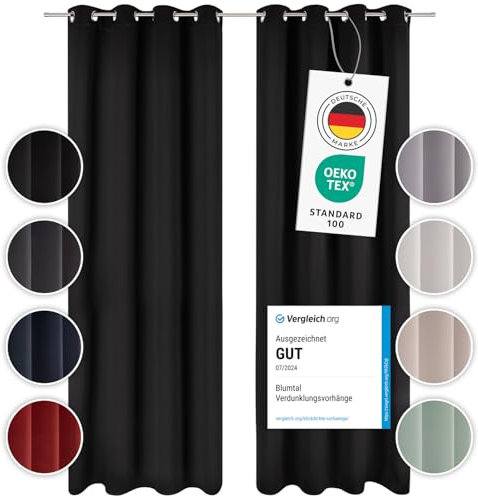 Blumtal Verdunklungsvorhänge 2er Set - Thermovorhang Hitzeschutz - Vorhang Blickdicht mit Ösen - Gardinenschals mit Schlaufen - Gardinen 225x140 cm - Gardinen Schlafzimmer - Wärmevorhang - Schwarz