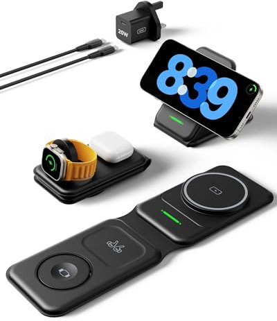 INIU Cargador Inalambrico 3 en 1 de Viajar, Base de Carga Magsafe 15W Carga Rapida para iPhone 16 15 Pro MAX 14 13 12 y Apple Watch Series 9 8 7 6 5 4 3 SE Ultra, AirPods Pro 4 3 Pro 2 ECC.