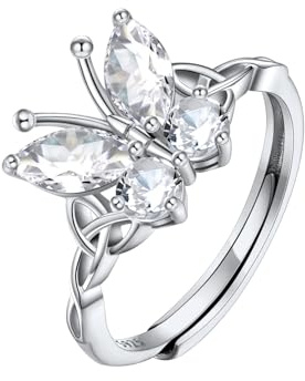 SILVERCUTE Silberringe Damen 925 Verstellbarer Ring Silber Einstellbare Schmetterling Ring mit Geburtsstein Diamant Fingerring Verstellbar Schmetterlingsringe Partnerring Glücksring für Muttertag