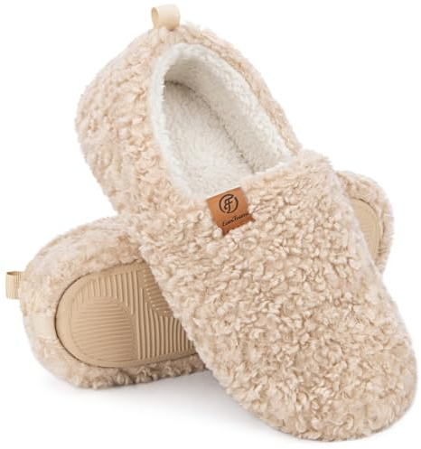 EverFoams Women’s Soft Curly Full Slippers Memory Foam Lightweight House Shoes Cozy Loafer with Polar Fleece Lining Khaki,7-8 US