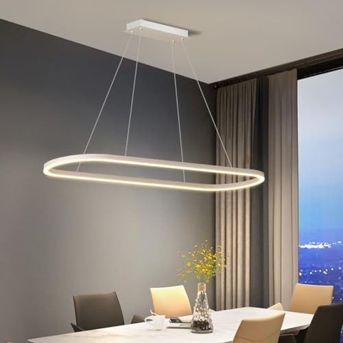 Aleaty LED Esstisch Pendelleuchte Modern ‎Ovales Desig Büro Hängeleuchte dimmbar mit Fernbedienung Pendellampe hoehenverstellbar Deckenlampe für Büro Esstisch Arbeitszimmer (Weiß, L120cm)