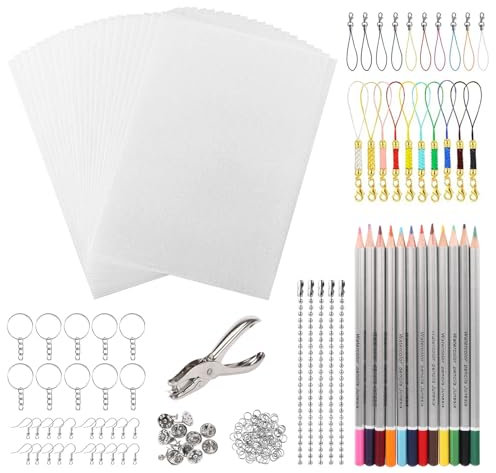 188-teiliges Schrumpf-Kunststoffbögen, Schlüsselanhänger-Set enthält 20 Stück Schrumpffolien-Papierbögen, Schlüsselanhänger-Zubehör, Ohrhaken, Lochstanzer, 12 Buntstifte für Kinder, DIY, Muttertag,