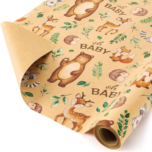 WERNNSAI 1 Rolle Kraftpapier Waldtiere 10m x 43cm Baby Junge Mädchen | Waldtiere Babyparty Dekoration Geschenkverpackung für Kinder Taufe Deko