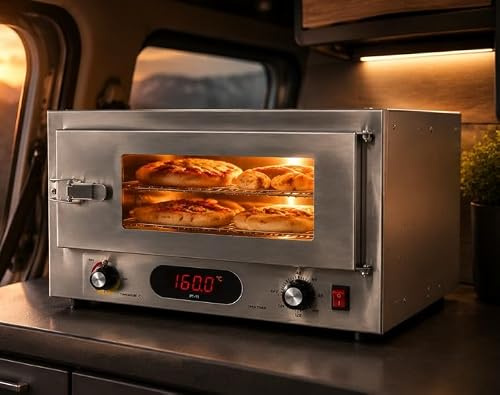 DWD® 12v Luxury Travel Oven 130W Stainless Steel 304 Grade with Anderson Plug & Car Adaptor, 19L Timer, Digital Thermometer, Double Glazed Door, Light Clasp, Shelves & Mounting Brackets