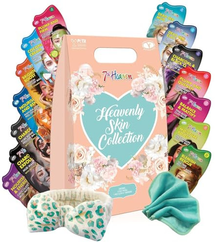 7th Heaven Ultimate Glow Face Mask Gift Set - 14 Cream & Peel Off Masks + Headband & Cloth - With Niacinamide, Hyaluronic Acid, Vitamin C, E & Betaine to Brighten & Hydrate Skin - Beauty Gift