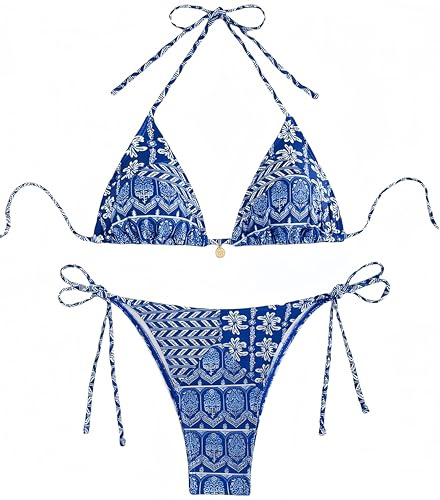 Ocean Plus Maillot de Bain Femme 2 Pièces Triangle Bikini Noué Réglable avec Bonnets Amovibles Maillot de Plage Sculptant et Tendance Plusieurs Motifs été (M (FR 34/36), Géométrique Marine)