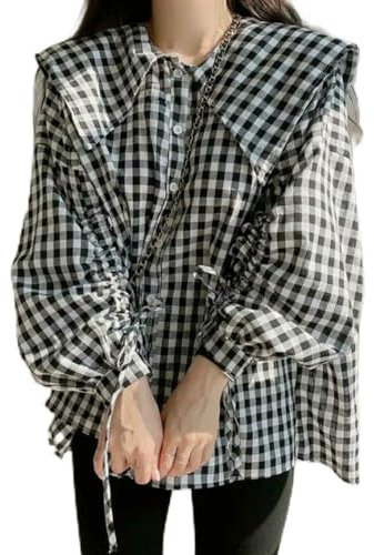 ZBDP Camicie Donna Plaid Colletto Peter Pan Top Design all-Match Ragazze Adorabile Maniche a Sbuffo Stile Coreano Popolare Tenero Trendy