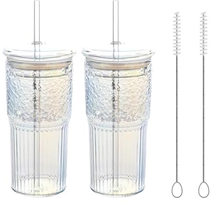 Henrrida 600ml Glass Cups with Lids and Straws,2 PCS Iced Coffee Cup,Transparent Sealed Glass with Straw and Lid, Cocktail, Matcha Glass,Smoothie Cup 20 OZ